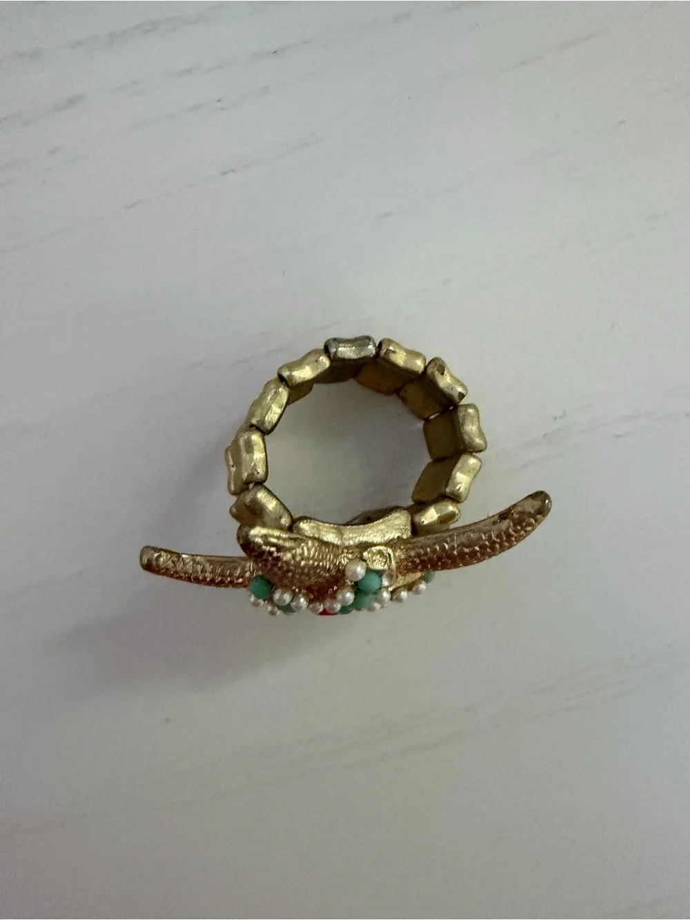 Gold Starfish Stretch Ring with Turquoise, Pearl and Coral Accents